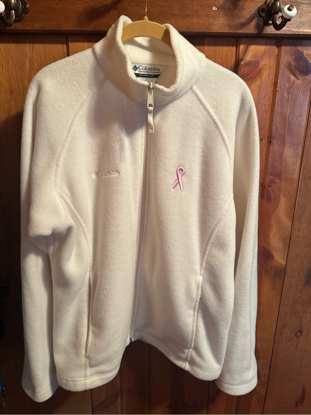 Columbia Women's Cream Full-Zip Teddy Fleece Jacket with Pink Ribbon